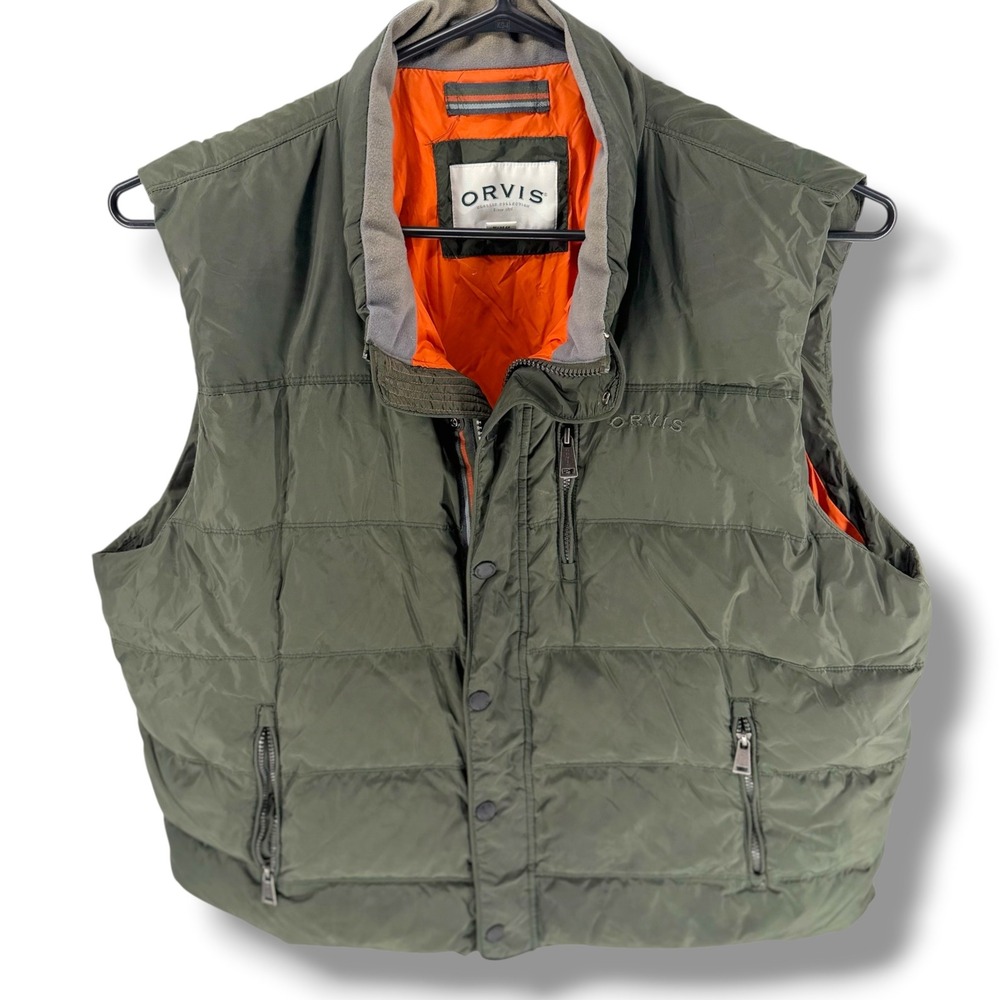 Orvis Classic Collection Mens XXL Olive Green Puffer Vest Down Insulated Orange